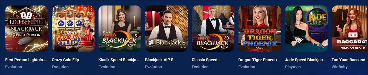 Live casino game tiles row featuring First Person Lightning Blackjack, Crazy Coin Flip Live, Klasik Speed Blackjack, Blackjack VIP E, Classic Speed Blackjack Live, Dragon Tiger Phoenix, Jade Speed Blackjack, and Tao Yuan Baccarat on a blue interface.