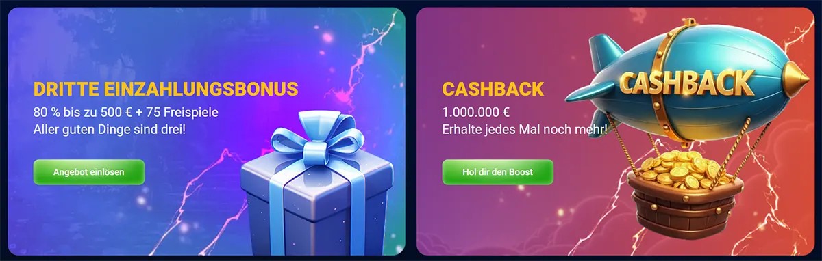 Two German casino promo banners showing a third deposit bonus of 80% up to €500 plus 75 free spins, and a cashback offer with a green call-to-action button on bright purple and pink backgrounds.