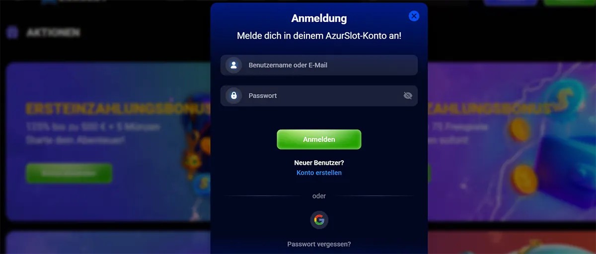 German casino login popup with fields for username or email and password, a green “Anmelden” button, account creation link, Google sign-in option, and blurred bonus banners in the background.