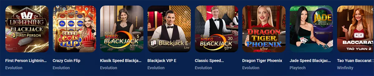 Live casino game tiles row featuring First Person Lightning Blackjack, Crazy Coin Flip Live, Klasik Speed Blackjack, Blackjack VIP E, Classic Speed Blackjack Live, Dragon Tiger Phoenix, Jade Speed Blackjack, and Tao Yuan Baccarat on a blue interface.