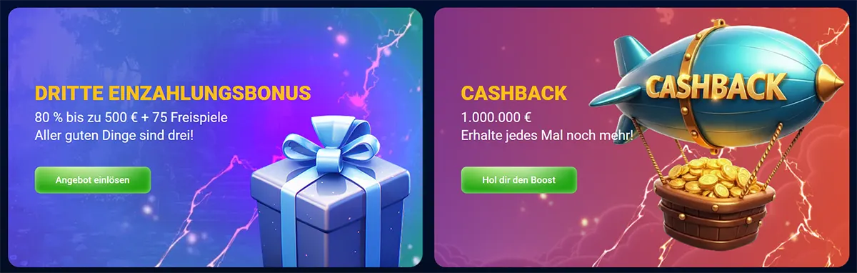 Two German casino promo banners showing a third deposit bonus of 80% up to €500 plus 75 free spins, and a cashback offer with a green call-to-action button on bright purple and pink backgrounds.