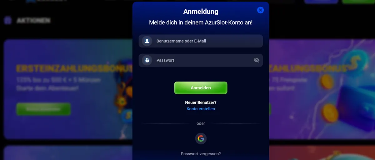 German casino login popup with fields for username or email and password, a green “Anmelden” button, account creation link, Google sign-in option, and blurred bonus banners in the background.